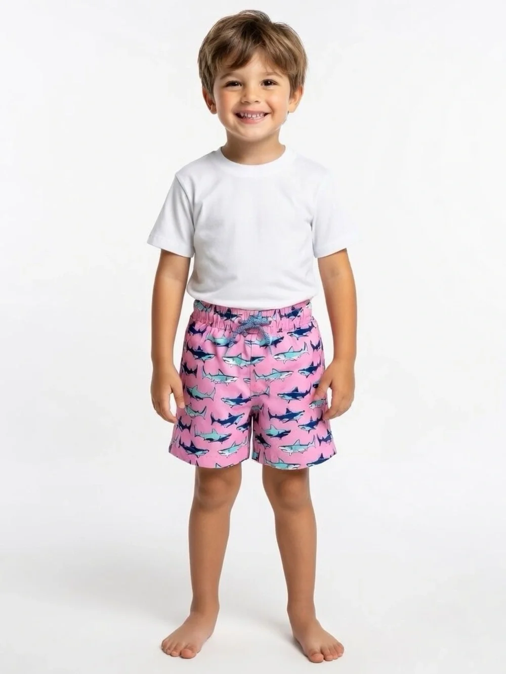 Boys’ Pink Shark Print Swim Trunks